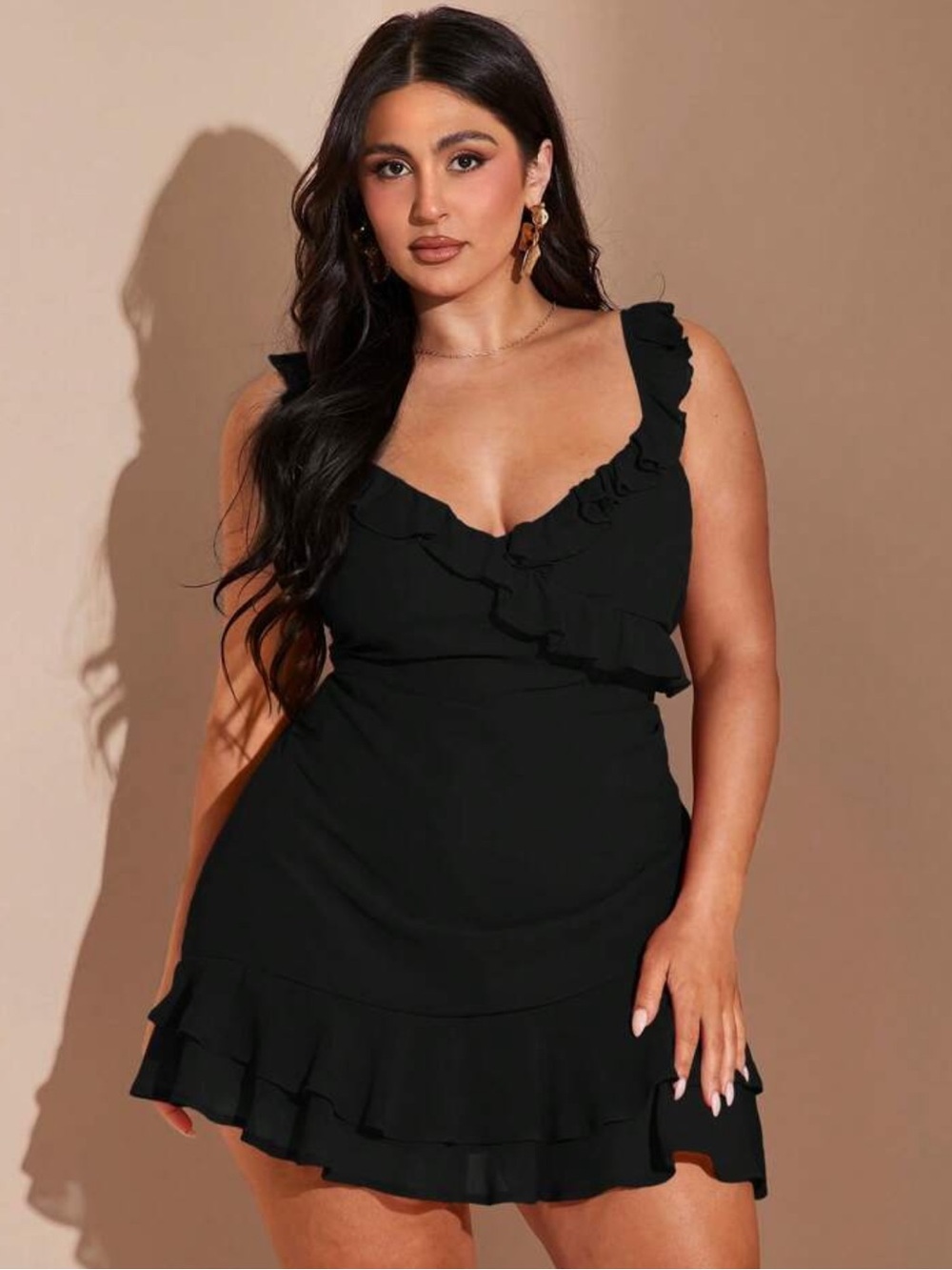 Plus Size Women's Elegant Summer V-Neck Rave Ruffle Hem Mini Dress,Cute Date